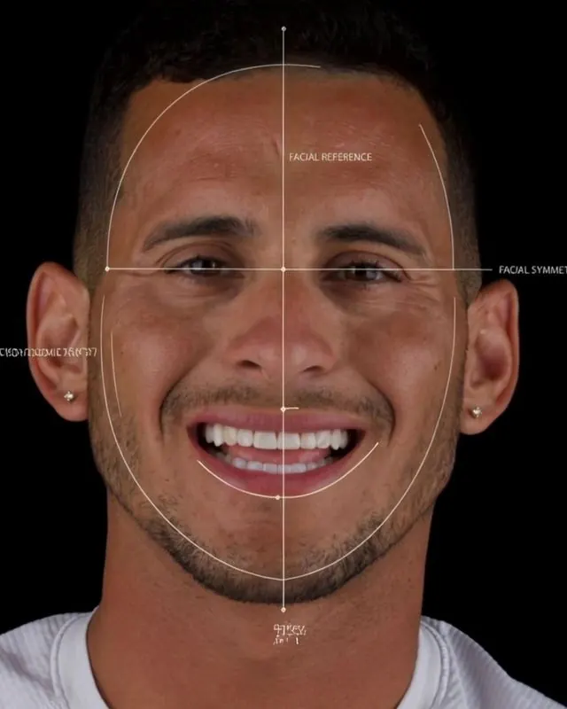Análise facial com linhas de referência e simetria